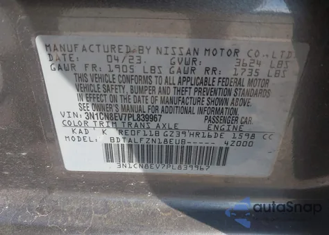 2023 Nissan Versa 1.6 Sv Xtronic Cvt z USA, uszkodzony, nr VIN 3N1CN8EV2PL840508